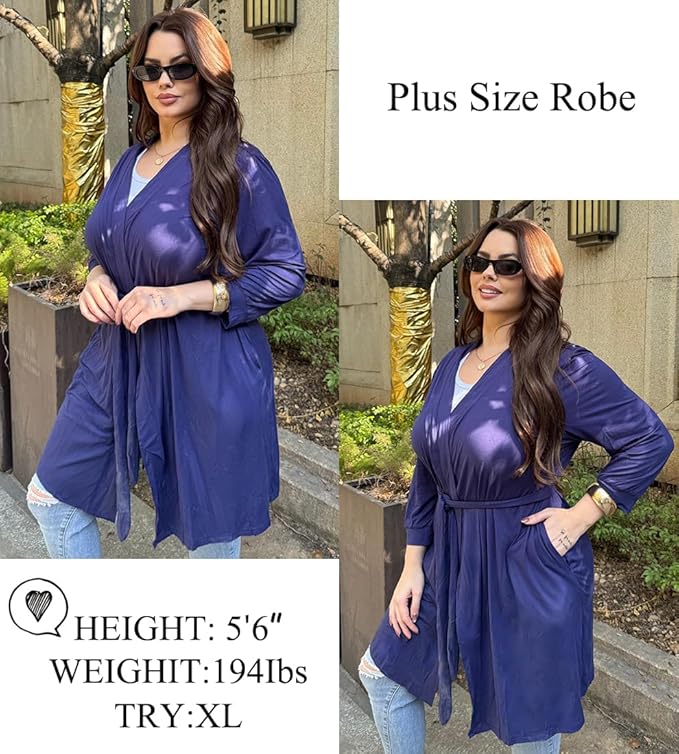 Ekouaer Women‘s Robes Lightweight 3/4 Sleeve Short Knit Bathrobe Soft Knee Length Sleepwear Robes with Pockets S-XXL