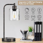 Industrial Touch Table Lamps Set of 2 - Rustic Black Bedside Lamps with 2 USB Ports & AC Outlet, 3-Way Dimmable Nightstand Desk Lamp for Bedroom Living Room Farmhouse, Glass Shade & LED Bulbs Included