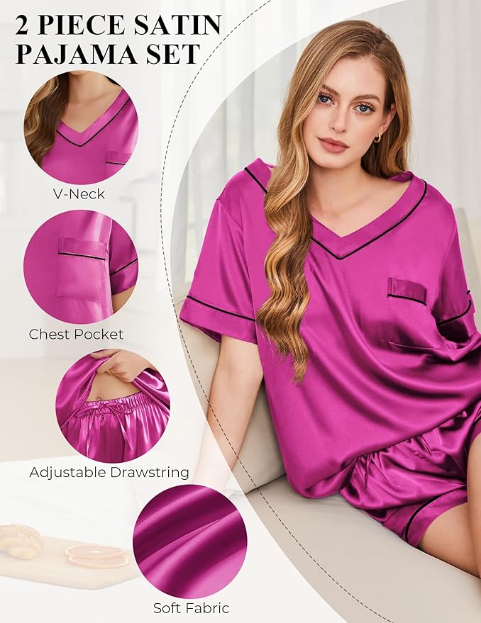 Silk Pajamas for Women Short Sleeve Satin 2 Piece Pj Set Soft V Neck Sleepwear Loungewear, S-XXL