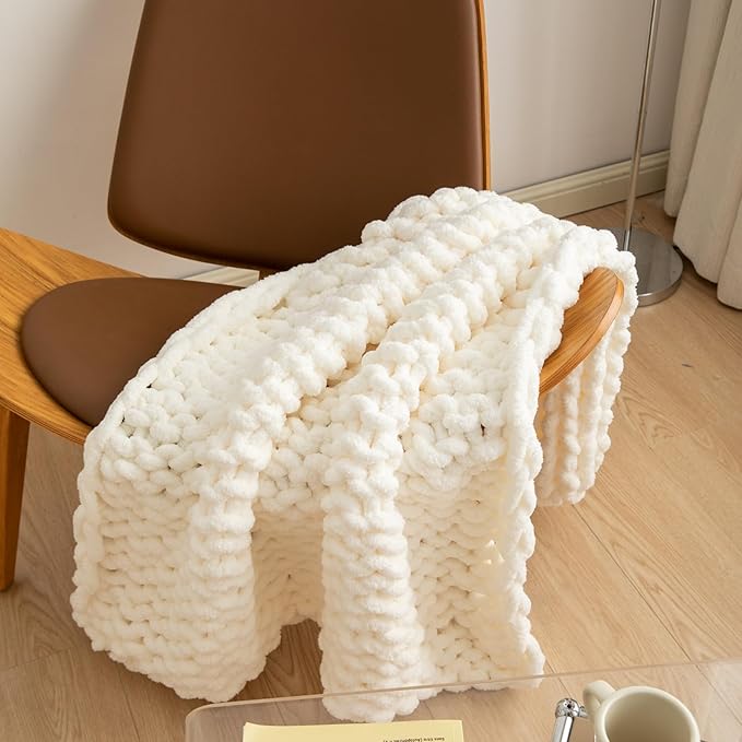 Luxury Chunky Knit Blanket Throw, Handmade Thick Chenille Yarn Throw 40"x40", Cream Cable Knit Crochet Blanket, Decorative Cozy and Soft Crochet Throw Blanket for Couch Home Decor