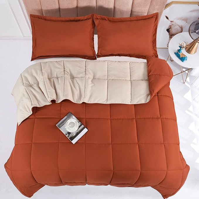 HIG 3pc Burnt Orange Twin/Twin XL Comforter Set - All Season Reversible Down Alternative Comforter with Sham - Quilted Duvet Insert with Corner Tabs - Box Stitched - Breathable, Soft, Fluffy
