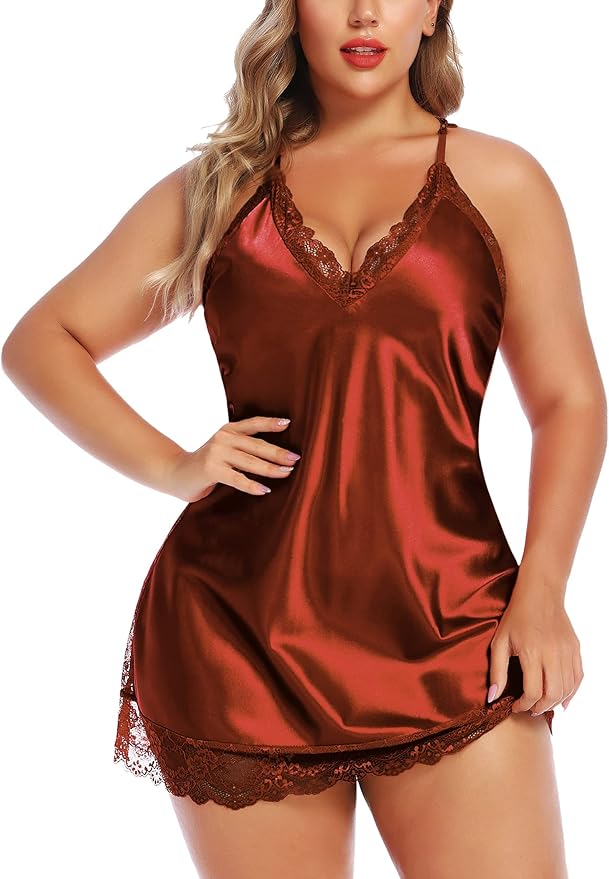 Avidlove Women Lingerie Plus Size Satin Lace Chemise Nightgown Sexy Full Slips Sleepwear L-4XL