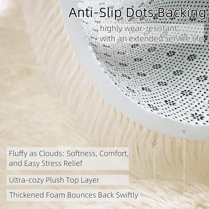 Shag Cream Rug Small 3x5 Area Rugs for Bedroom Bedside Dorm Living Room, Non-Slip Ultra Soft Fluffy Rugs for Kids Room, Girls Room, Study, Office, Playroom, Easy to Clean, Small Carpet Décor