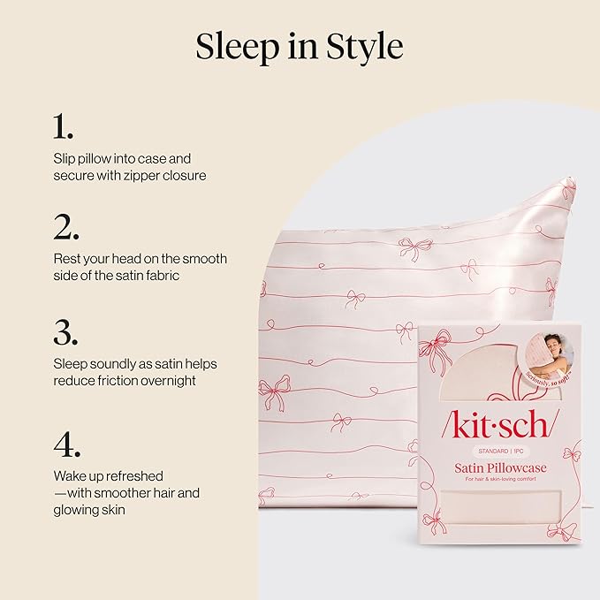 Kitsch Satin Pillowcase with Zipper for Hair & Skin - Softer Than Silk Pillow Cases, Smooth Cooling Satin Pillow Case, Wrinkle-Free Pillow Cases Standard Size (19x26) - Striped Bows