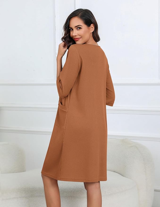 Ekouaer Women Zipper Robes Knee Length Waffle Knit Bathrobe Lightweight House Coat with Pockets 3/4 Sleeves Loungewear S-3XL