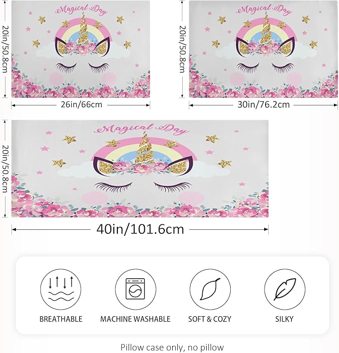 Cute Unicorn Girl Print Satin Pillowcase for Hair and Skin, Unicorn and Pink Flowers Silk Pillow Case with Envelope Closure, Queen Size 20x30 inches, White, 1 PC