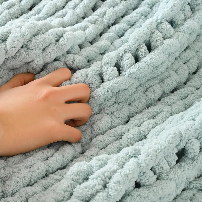 Esterra Chunky Knit Blanket Throw 60"x80", 100% Hand Knitted Chenille Throw Blanket, Cozy Soft Thick Cable Knit Throw Large Rope Knot Crochet Throw Blanket for Sofa Couch Bed, Sky Blue
