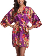 Women's Floral Satin Robes Bride Bridesmaid Getting Ready Robe Short Silky Kimono Sleepwear for Wedding Party