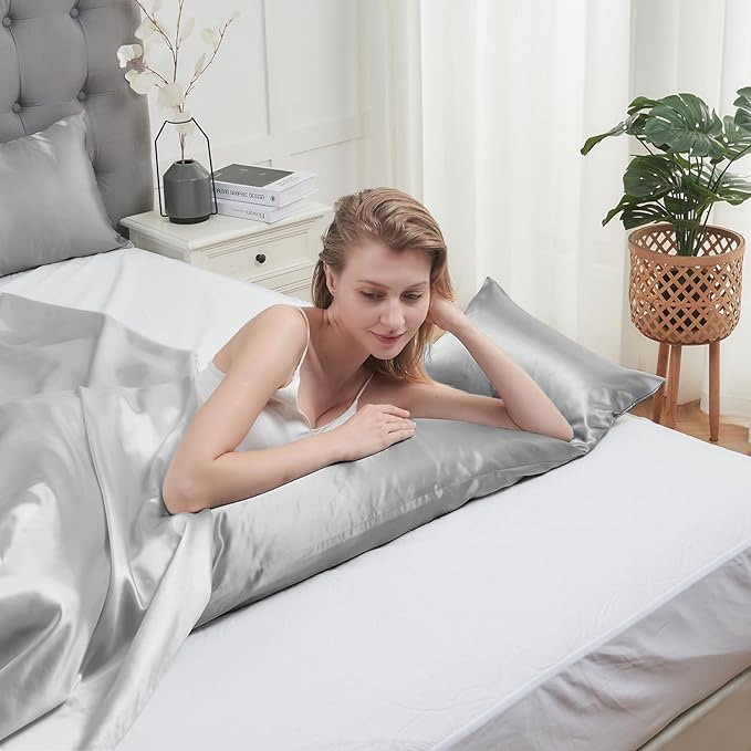 Vielit Satin Body Pillow Pillowcase 1pc,Silky Body Pillow Cover Similar to Silk Pillow Cases Soft Body Pillow Case 20x54 & Envelope Closure,Gift for Women Men Silver Grey & 1 Satin Scunchie
