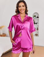 Ekouaer Satin Pajama Set for Women Button Down Silk 2 Piece Pj Sets Ruffle Short Sleeve Sleepwear