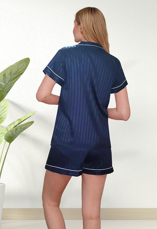 WJing Yi Jia Womens Silk Satin Pajamas Loungewear Two-Piece Sleepwear Button-Down Floral Pj Set XS-4XL