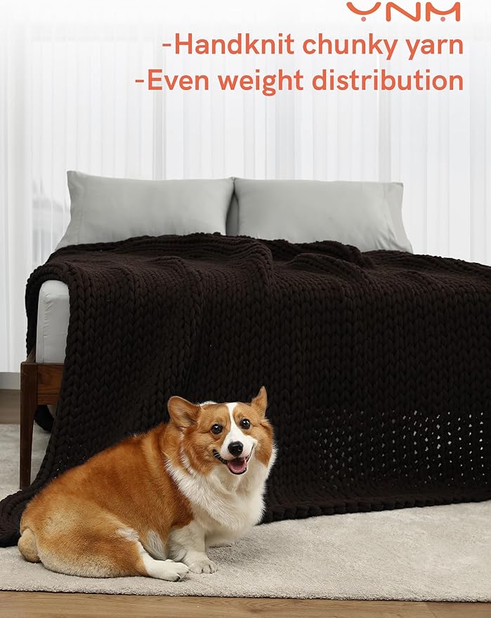 YnM Cotton Weighted Blanket, Handmade Chunky Knitted Design, Soft and Cozy, Temperature Regulating and Breathable, Machine Washable Throw for Sleep or Home Decor (Chocolate Brown, 50x60 Inch, 15lbs)