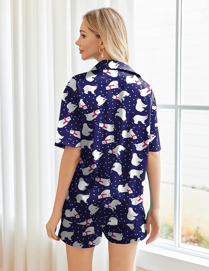 Ekouaer Pajamas for Women Silk Satin Pjs Soft Sleepwear Short Sleeve Button Down Pjs Top and Shorts 2 Piece Lounge Set S-XXL