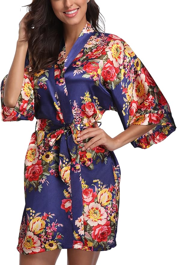 Women's Floral Satin Robes Bride Bridesmaid Getting Ready Robe Short Silky Kimono Sleepwear for Wedding Party