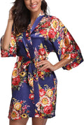 Women's Floral Satin Robes Bride Bridesmaid Getting Ready Robe Short Silky Kimono Sleepwear for Wedding Party