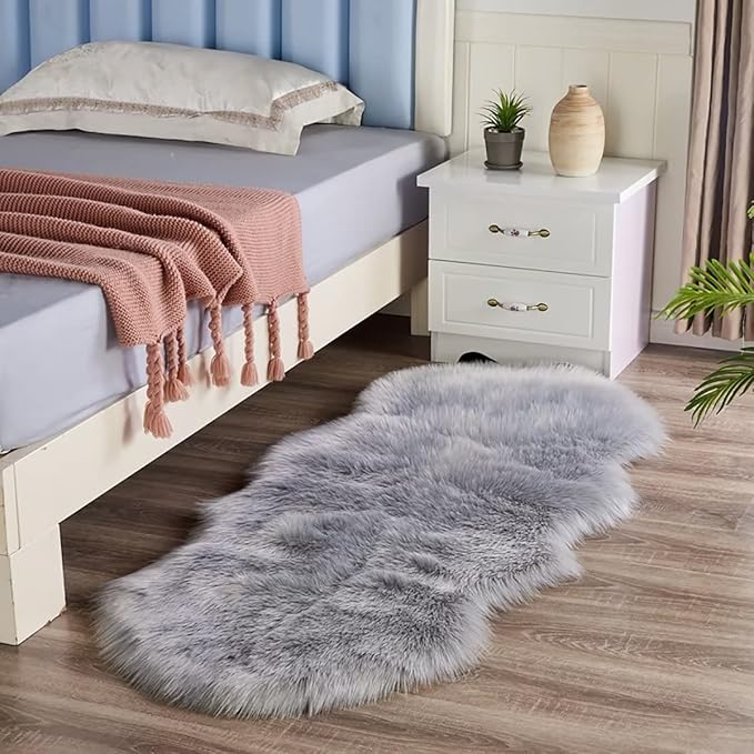 Faux Fur Sheepskin Rug - Grey Home Decor Area Rug for Bedroom & Living Room, Fluffy Furry Shaggy 2 x 4 Feet