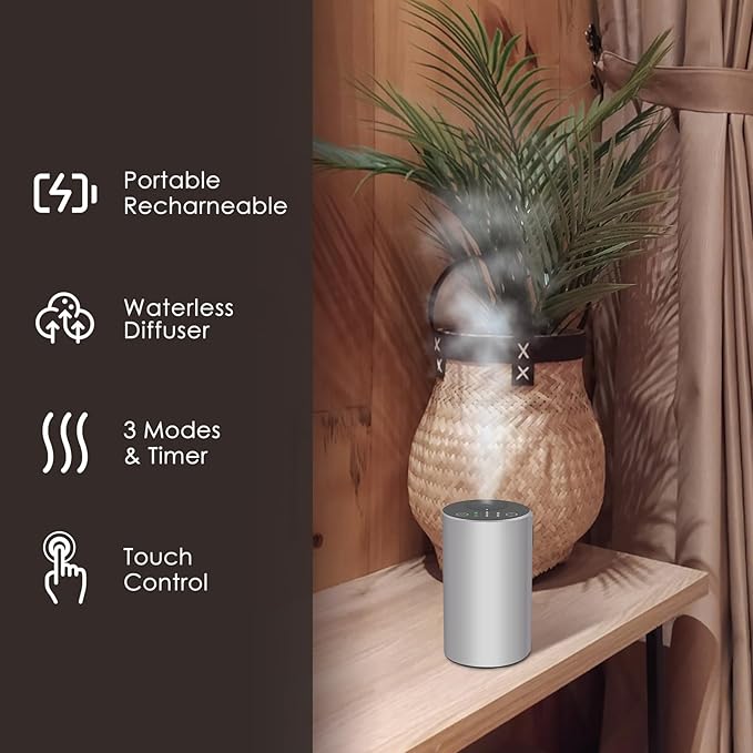 Waterless Essential Oil Diffuser, Battery Powered Mini Scent Air Machine, Aromatherapy Mist Diffuser for Home Room Car Office (Silver Aluminum Alloy)