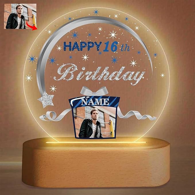 Customized Birthday Gifts Personalized Acrylic LED Night Light Lamp Crystal Ball Plaque Custom Photo Name Birthday Gifts for Mom Kids (Navy Blue and Silver)