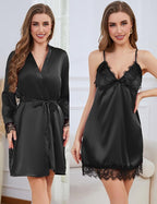 Womens Silk Lingerie Robe Nightgown 2 Piece Pajamas Set Sexy Lace V Neck Cami Satin Sleepwear