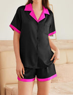 Ekouaer Womens Silk Satin Pajama Set Short Sleeve PJs 2 Piece Button Down Top and Shorts Notch Collar Sleepwear Sets Soft Pjs