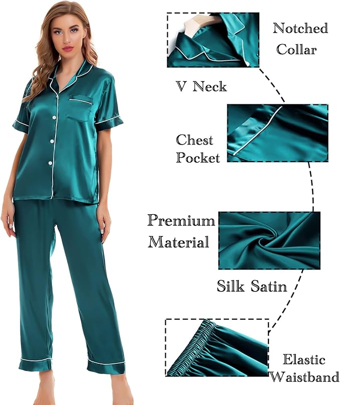 SWOMOG Women Satin Pajamas Set Short Sleeve Top & Pants Sleepwear Silky Button Down Nightwear 2pcs Loungewear Pjs Set