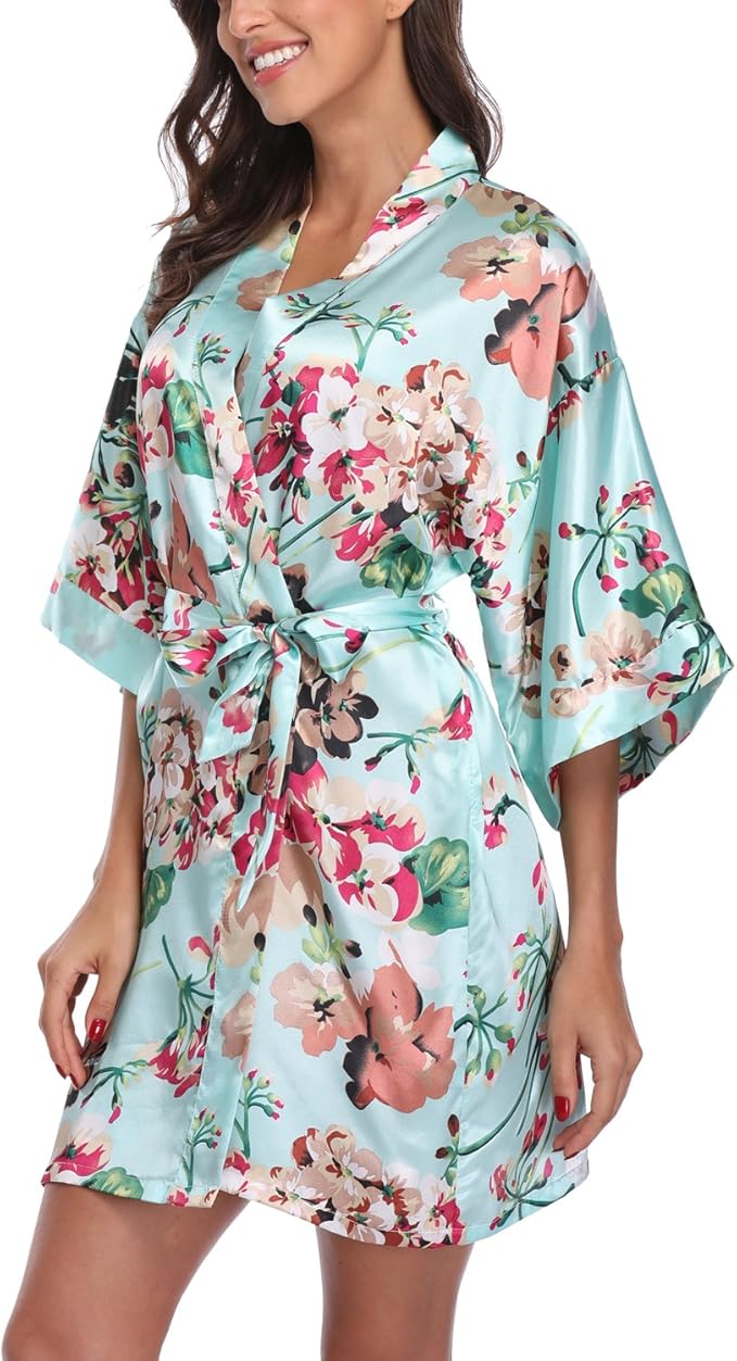 Women's Floral Satin Robes Bride Bridesmaid Getting Ready Robe Short Silky Kimono Sleepwear for Wedding Party