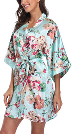 Women's Floral Satin Robes Bride Bridesmaid Getting Ready Robe Short Silky Kimono Sleepwear for Wedding Party