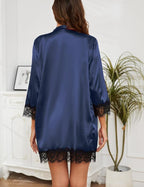 Womens 4 Pcs Lingeries Silk Pajamas Robes Set Sexy Pjs Cami Shorts Satin Sleepwear Lace Loungewear