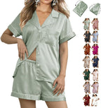 WJing Yi Jia Womens 3Pcs Floral Pajamas Sets Silk Satin Sleepwear XS~4XL Button Down Short Sleeve Shirt Pjs Loungewear