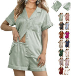 WJing Yi Jia Womens 3Pcs Floral Pajamas Sets Silk Satin Sleepwear XS~4XL Button Down Short Sleeve Shirt Pjs Loungewear