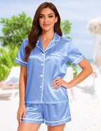 EPLAZA Silk Pajamas for Women Satin Pajamas Set 5 Pcs Long Sleeve Print Pattern Button Down Pjs Sleepwear Loungewear Set