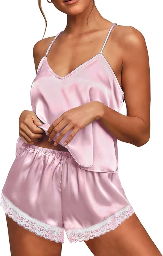 Ekouaer Satin Pajamas Women Lace Sleepwear Lingerie Cami Shorts Set Nightwear XS-XXL