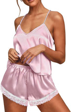 Ekouaer Satin Pajamas Women Lace Sleepwear Lingerie Cami Shorts Set Nightwear XS-XXL