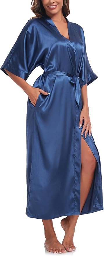 Womens Long Silky Robe Satin Kimono Robes Silk Bathrobe for Wedding Party Full Length Dressing Gown
