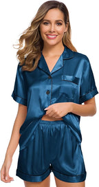 SWOMOG Womens Silk Satin Pajamas Set Short Sleeve Sleepwear Button Down Top and Shorts Loungewear 2 Piece Pjs Set XS-3XL