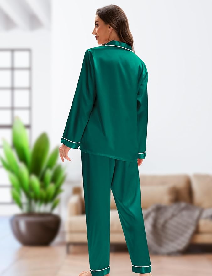 EPLAZA Silk Pajamas for Women Satin Pajamas Set 5 Pcs Long Sleeve Print Pattern Button Down Pjs Sleepwear Loungewear Set