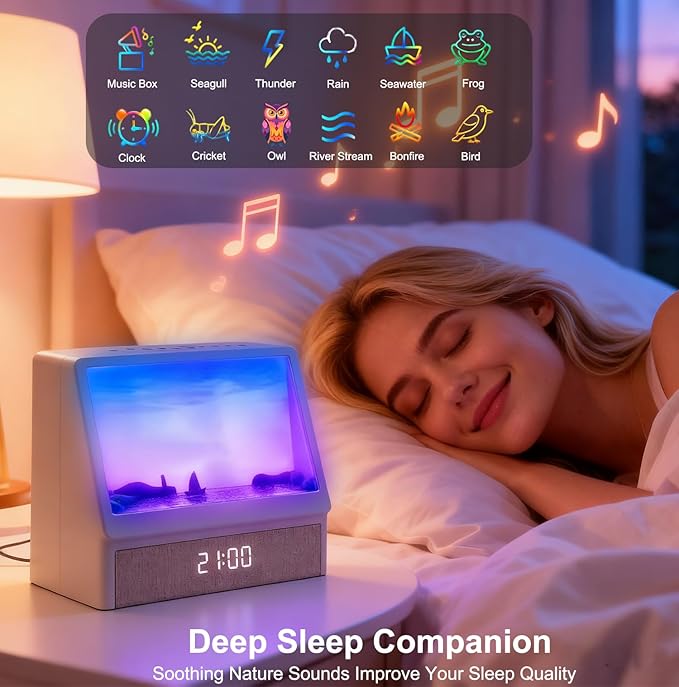 Sunrise Alarm Clock for Bedrooms, White Noise Machine Creative Simulated Sunrise Animation with 7 Modes, 12 Natural Sounds, Music Speaker & Remote, Wake Up Light Sunset Lamp Gifts for Heavy Sleepers