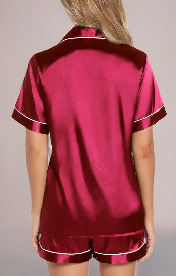 Samring Women's Silk Satin Pajamas Set Short Sleeve Sleepwear Two Piece Button Down Pj Set with Pockets S-XXL
