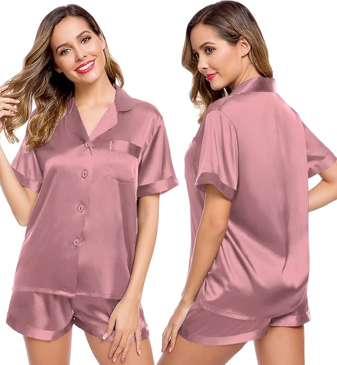 LecGee Womens Silk Satin Pajamas Short Sleeve Loungewear Two-Piece Sleepwear Button-Down Pj Set