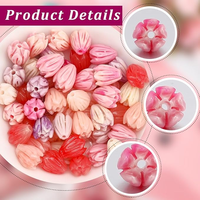 4 Colors 80Pcs 7x9mm Acrylic Flower Beads Artificial Flower Beads Bulk Loose Plastic Jasmine Coral Colorful Floral Spacer for Jewelry Making Findings Necklace Bracelet DIY Crafts Beginner