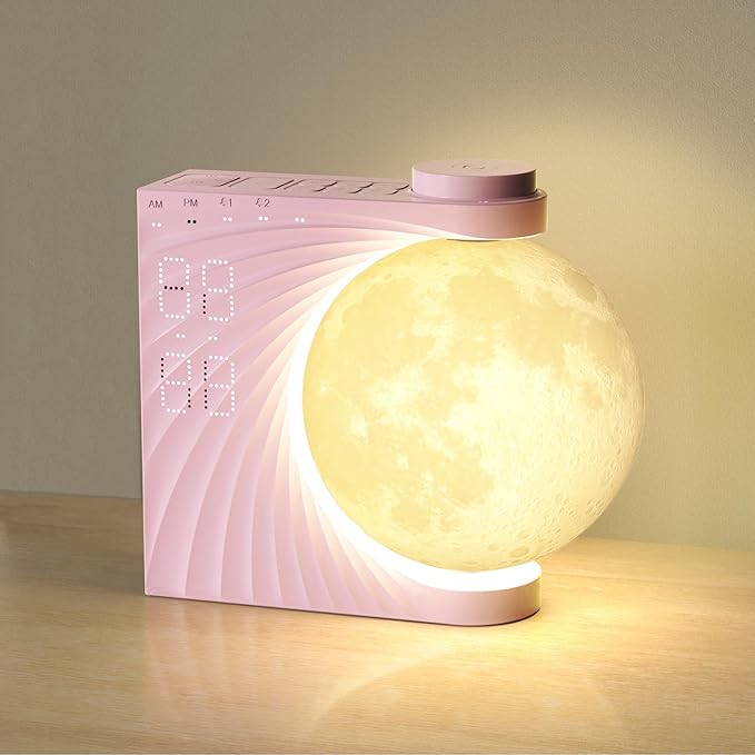 Sunrise Alarm Clock, Wake-Up Light Moon Lamp with Colourful Light Mode, 10 Fairy Sounds, 30/60/90 Timer & Dual Alarms for Girls/Teens, Cute Bedside Companion for Nursery/Kids Room (Blush Pink)