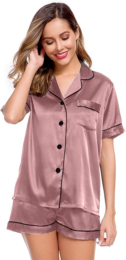 LecGee Womens Silk Satin Pajamas Short Sleeve Loungewear Two-Piece Sleepwear Button-Down Pj Set