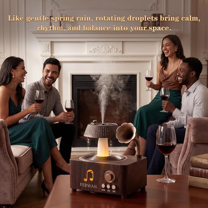 Rotating Water Droplet Aromatherapy Diffuser, Vintage Record Player Essential Oil Diffuser with Bluetooth Speaker, Ultrasonic Humidifier, Colorful Lights, Timer, Remote Control, 250ml, Gift