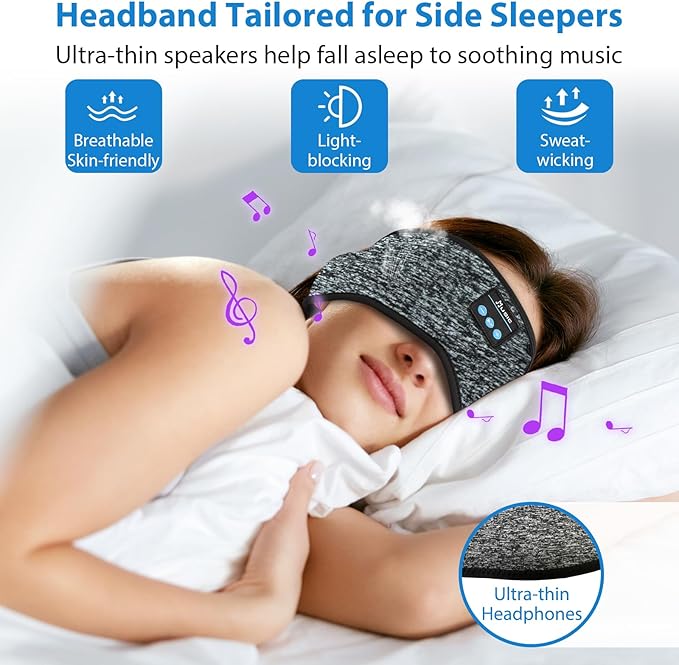 Adjustable Headband Headphones, Sleeping Headphones with Ultra-Thin Speakers, Bluetooth Headband for Side Sleepers, Yoga, Running, Workout, Travel-Grey