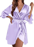 Ekouaer Women's Satin Robe Valentines Lingerie for Women Kimono Bathrobe Short Ruffle Belted Robes Bridesmaids Sleepwear