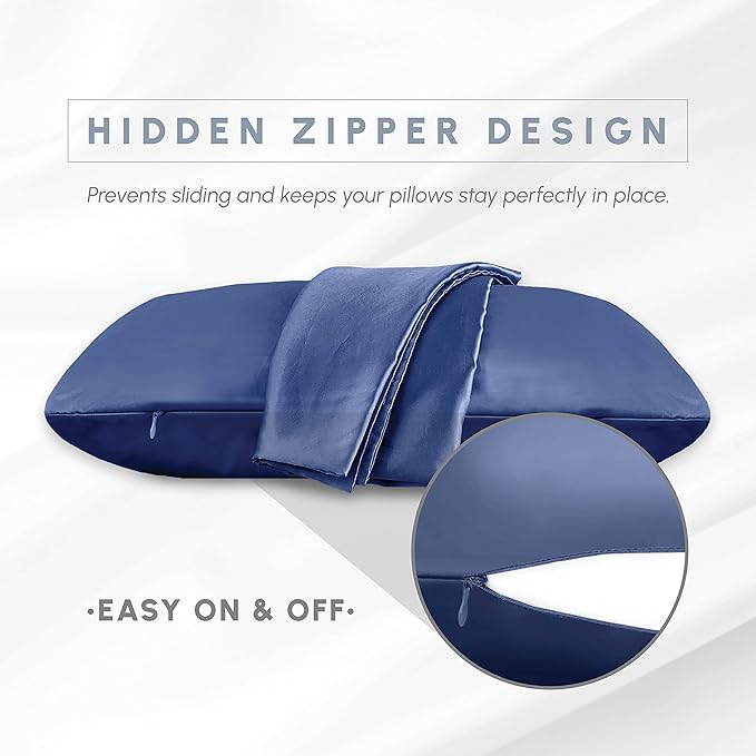 Elegant Comfort 6-Pack Cooling Viscose Satin Pillowcase Set with Hidden Zipper Closure, Silky Smooth for Best Hair and Skin Care-Beautiful Gift Box-6-Piece Satin Pillowcase Set, King, Navy Blue