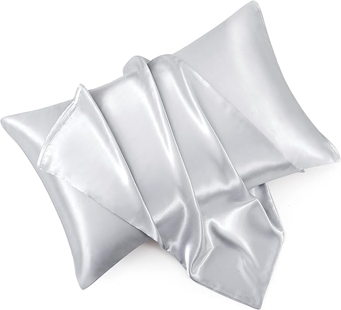 Light Gray Satin Pillowcase Standard Set of 2 with Envelope Closure，Light Gray Silk Pillowcase for Hair and Skin (20x26)