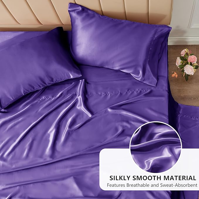 CozyLux Satin Sheets Twin Sheet Set - 3 Piece Silky Twin Bed Sheets, Luxury Purple Sheet Twin Size Bed Set with Smooth and Soft Microfiber, Includes 1 Fitted Sheet, 1 Flat Sheet and 1 Pillowcase