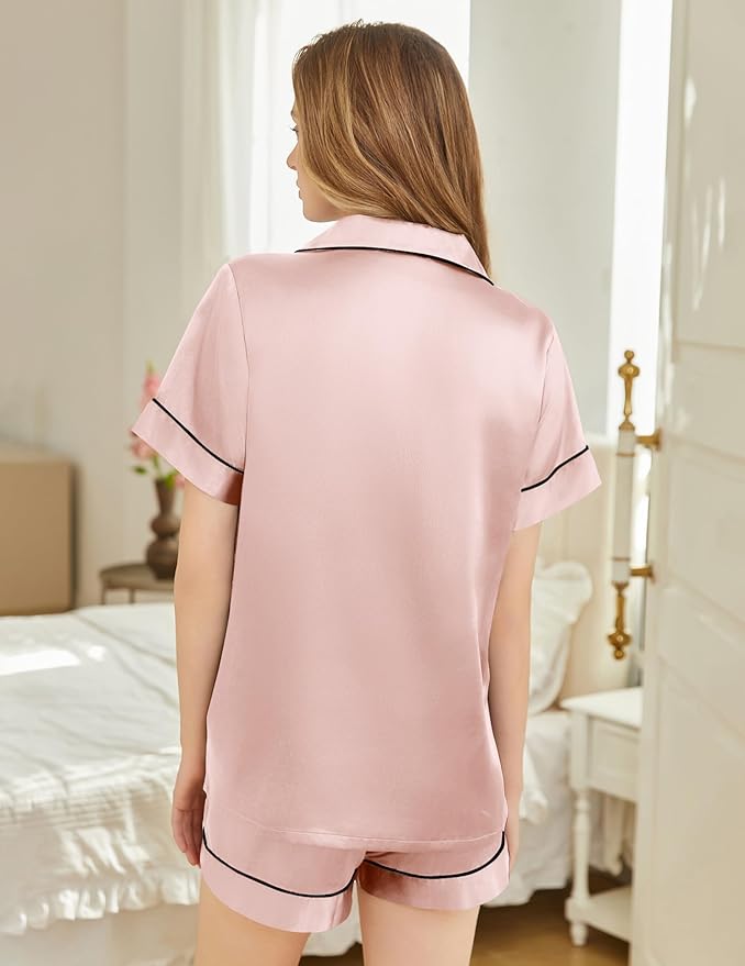Silk Pajamas for Women Short Sleeve Sleepwear Soft Button Down Loungewear 2 Piece Satin Pjs Shorts Set S-XXL
