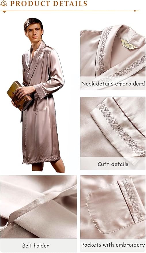 Men's 100% Mulberry Silk Long Robe Kimono Paisley Print Bath Robe, Heavy Silk 19 Momme Dressing Gown